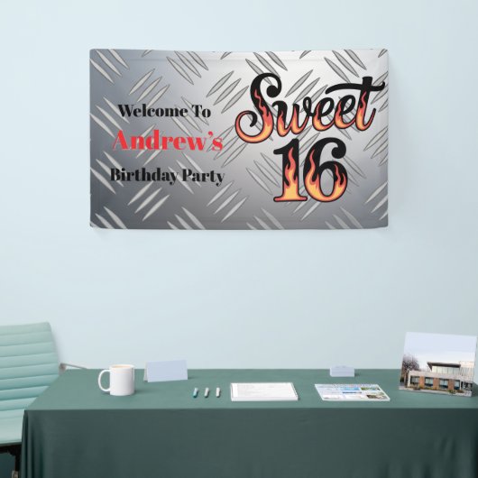 Sweet 16 In Fire Flames and Silver Plate  Banner (Messeveranstaltung)