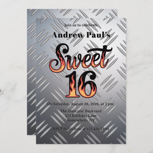 Sweet 16 In Flames and Silver Plate Birthday Party Einladung (Vorne/Hinten)