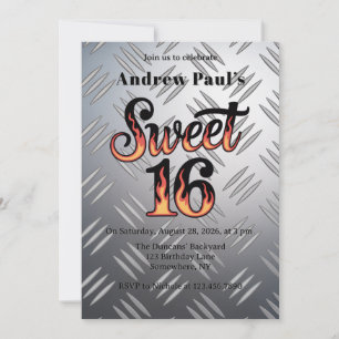 Sweet 16 in Flammen und Silberplatte Geburtstagsfe Einladung
