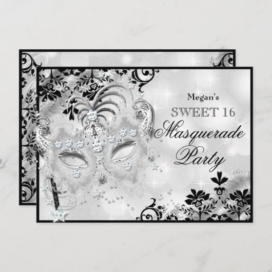 Sweet 16 Jewel Mask & Damask Silver Masquerade Einladung (Vorne/Hinten)