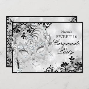 Sweet 16 Jewel Mask & Damask Silver Masquerade Einladung