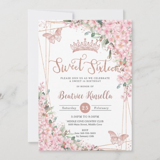 Sweet 16 Kirschblüten Rose Goldbarren Einladung (Vorderseite)