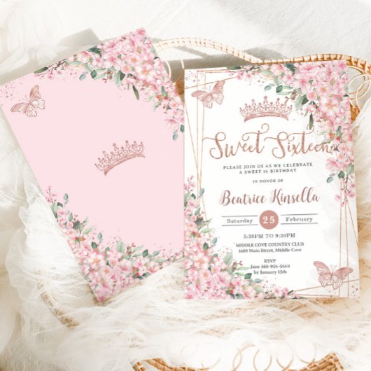 Sweet 16 Kirschblüten Rose Goldbarren Einladung