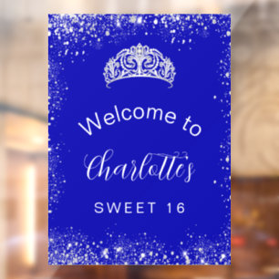 Sweet 16 königsblau silber Glitzer willkommen Fensteraufkleber