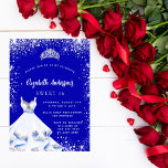 Sweet 16 königsblau silber Kleid tiara glamourös Einladung<br><div class="desc">Eine trendige und glamouröse Einladung für eine Sweet 16,  16. Geburtstagsfeier. Ein königsblauer Hintergrund mit Imitaten silberner Glitzer Staub,  ein Tiara und ein Kleid. Der Name ist mit einem modernen handgeschriebenen Stilskript geschrieben. Personalisieren Sie Ihre Party-Daten und fügen Sie sie hinzu.</div>