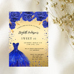 Sweet 16 königsblaue goldene Glitzer Kleiderfloral<br><div class="desc">Eine moderne,  stilvolle und glamouröse Einladung zu einer Sweet 16. Geburtstagsfeier. Ein goldenes Imitat mit Imitat blauen Glitzern und einem königsblauen Kleid und Rose,  Blumen. Der Name ist mit einem modernen handgeschriebenen Stilskript geschrieben. Personalisieren Sie Ihre Party-Daten und fügen Sie sie hinzu.</div>
