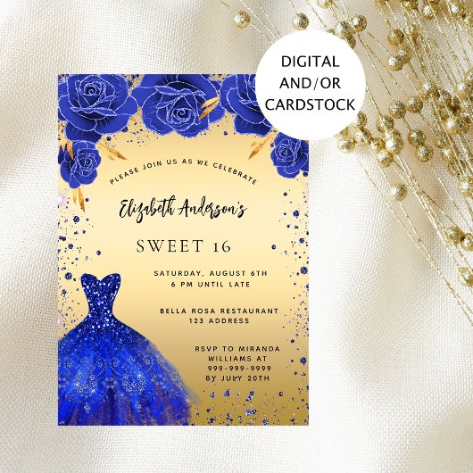 Sweet 16 königsblaue goldene Glitzer Kleiderfloral Einladung