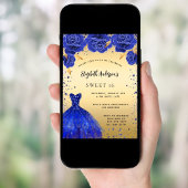 Sweet 16 königsblaue goldene Glitzer Kleiderfloral Einladung