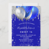 Sweet 16 königsblaue Silberballons Luxus-Glitzer Einladung (Vorderseite)