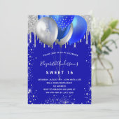 Sweet 16 königsblaue Silberballons Luxus-Glitzer Einladung (Stehend Vorderseite)