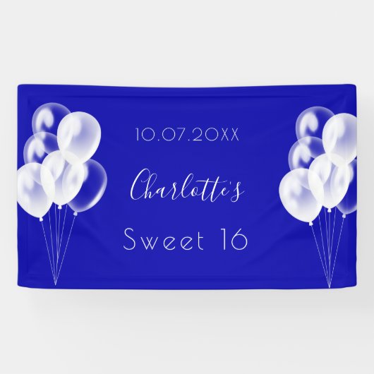 Sweet 16 königsblaue weiße Ballons Party Banner (Horizontal)