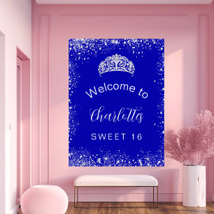 Sweet 16 königsblauer silberner Glitter-Willkommen Poster