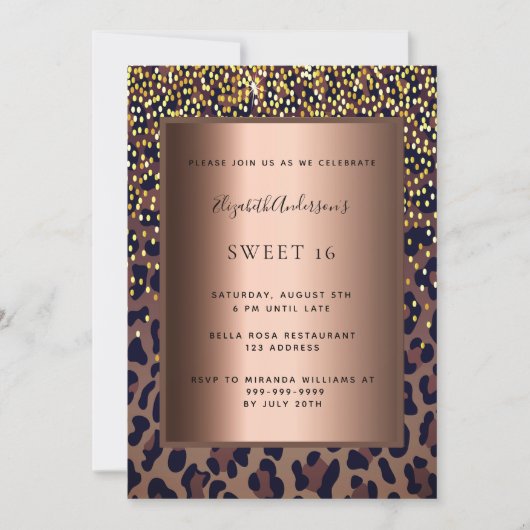 Sweet 16 leopard Muster Bronze Einladung (Vorderseite)