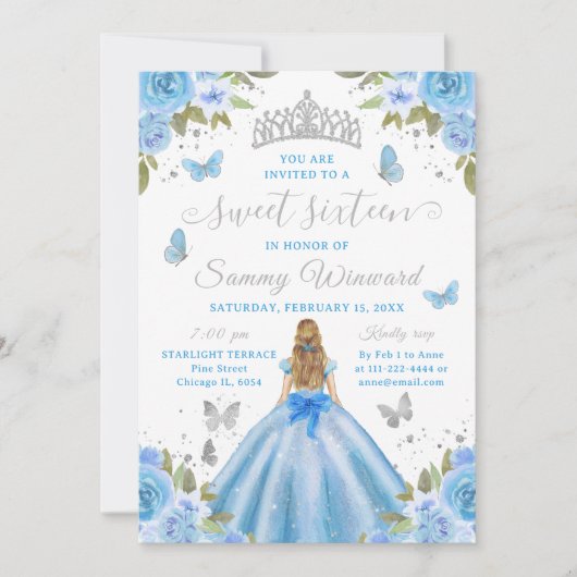 Sweet 16 Light Blue Princess Blonde Girl Einladung (Vorderseite)