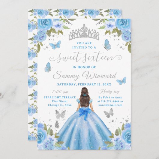 Sweet 16 Light Blue Princess Brunette Girl Einladung (Vorne/Hinten)