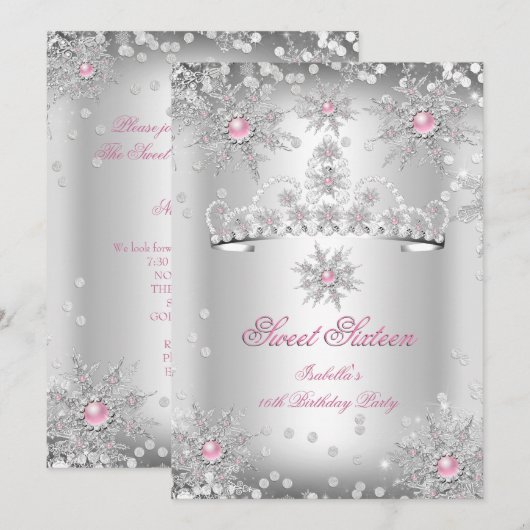 Sweet 16 Light Pink Silver Winter Wonderland Einladung (Vorne/Hinten)