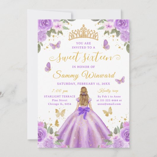 Sweet 16 Light Purple Princess Blonde Girl Einladung (Vorderseite)
