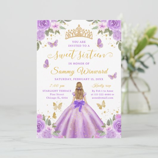Sweet 16 Light Purple Princess Blonde Girl Einladung (Stehend Vorderseite)