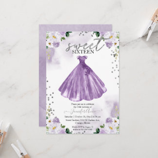 Sweet 16 Lila Aquarellfarben Blume Kleid Einladung