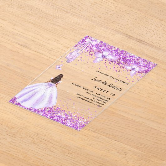 Sweet 16 lila Ballerina Kleid Schmetterlinge klar Acryleinladungen (Ablage )