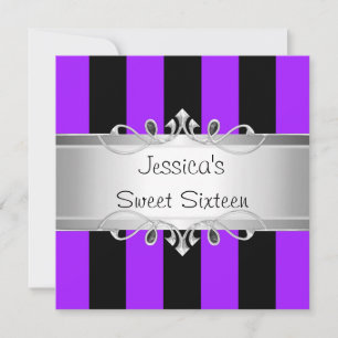 Sweet 16 Lila Black Stripes Silver Jewel Party Einladung
