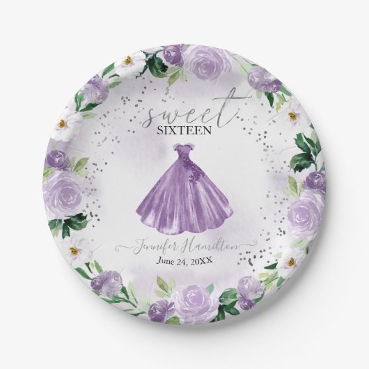 Sweet 16 Lila Blumenbekleidung Papier Teller (Vorderseite)