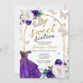 Sweet 16 Lila, florales Kleid Schmetterling Einladung (Vorderseite)
