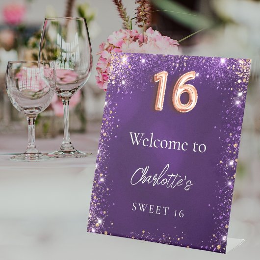Sweet 16 lila Glitzer Glitzern willkommen Sockelschild