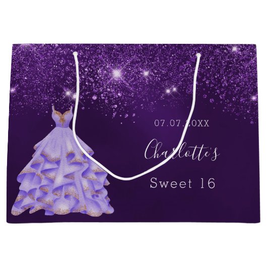 Sweet 16 lila Glitzer Staubkleid Name Große Geschenktüte (Vorderseite)