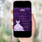 Sweet 16 lila Glitzer Staubkleid Tiara Einladung