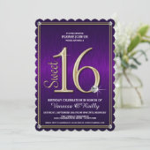 Sweet 16 Lila/Gold Metallische Party Einladungen (Stehend Vorderseite)