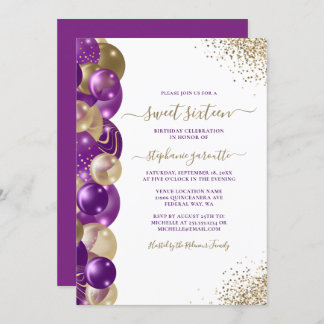 Sweet 16 Lila Gold Sparkle Ballon Einladung
