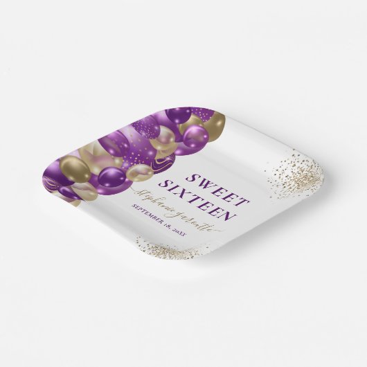 Sweet 16 Lila Gold Sparkle Ballon Pappteller (Gewinkelt)