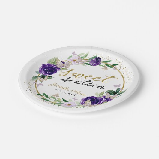 Sweet 16 Lila Lavendel Floral Butterfly Pappteller (Schrägansicht)
