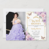 Sweet 16 Lila Lilac Pink Floral Butterfly Foto Einladung (Vorderseite)
