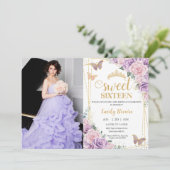 Sweet 16 Lila Lilac Pink Floral Butterfly Foto Einladung (Stehend Vorderseite)