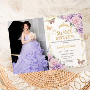 Sweet 16 Lila Lilac Pink Floral Butterfly Foto Einladung