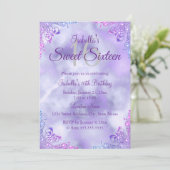 Sweet 16 Lila Lilac Silver Pearl Damask Einladung (Stehend Vorderseite)