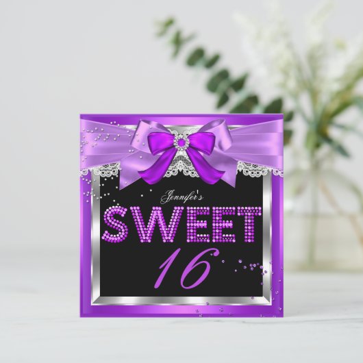 Sweet 16 Lila Magenta Glitzer Glam Birthday Einladung (Stehend Vorderseite)