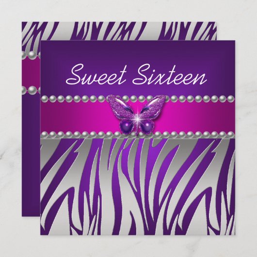 Sweet 16 Lila Pink Zebra Silberschmetterling Einladung (Vorne/Hinten)