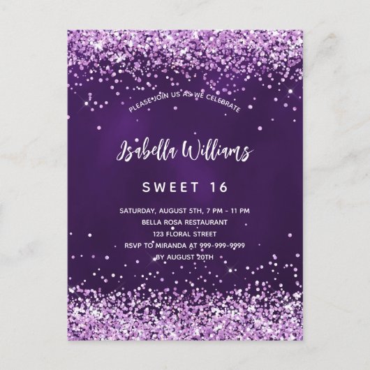 Sweet 16 lila rosa Glitzer glamourös Einladungspostkarte (Vorderseite)