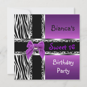 Sweet 16 Lila Rosa Silber Schwarz Zebra Leopard Einladung