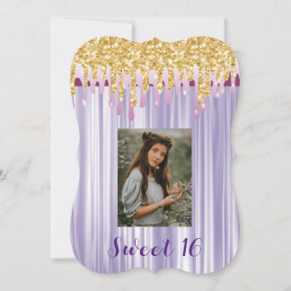 Sweet 16 Lila Seide mit Gold Dripping Foto Einladung