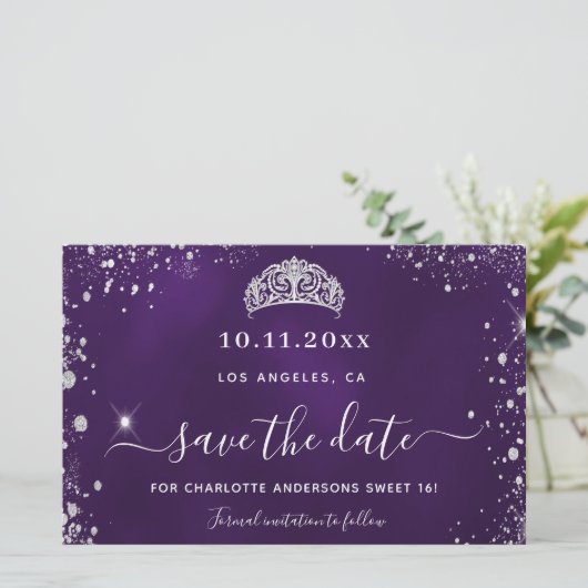Sweet 16 lila silber Glitzer rett Date Card (Stehend Vorderseite)