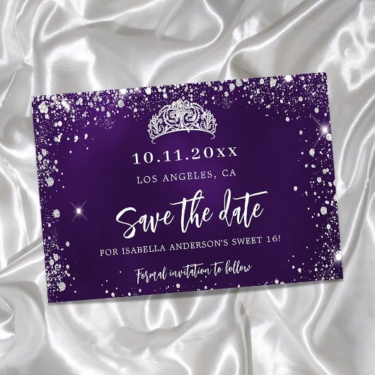 Sweet 16 lila silber Glitzer Tiara Save the Date Ankündigungspostkarte