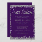 Sweet 16 Lila Silver Imitate Glitzer Geburtstag Einladung (Vorne/Hinten)