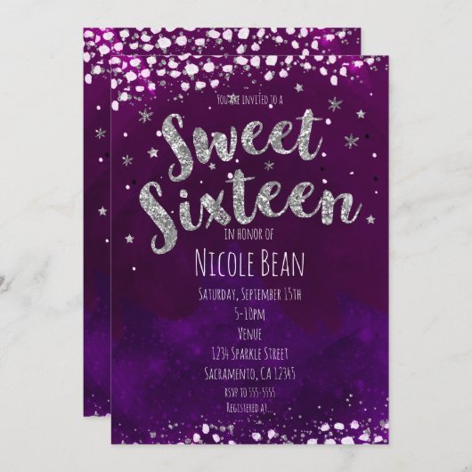 Sweet 16 Lila & Silver Starry Night Einladungen (Vorne/Hinten)