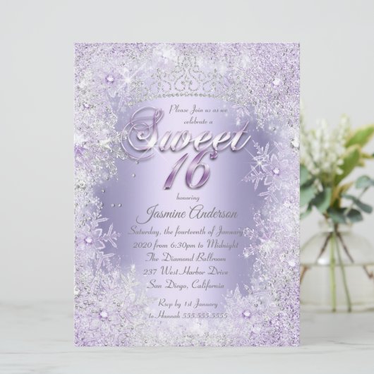 Sweet 16 Lila Silver Winter Wonderland Tiara Einladung (Stehend Vorderseite)