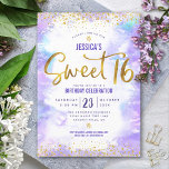 Sweet 16 Lila Watercolor Gold Girly Geburtstag Einladung<br><div class="desc">"Happy Sweet 16". Schicken Sie diese atemberaubende, einfache, festliche, moderne, personalisierte Party Einladung für eine Veranstaltung, an die Sie sich erinnern können. Funkelnd Goldfolie und winzige Konfetti-Glitzer-Punkte und Typografie-Skripte überlagern einen weichen lila Aquarellhintergrund. Personalisieren Sie den benutzerdefinierten Text mit dem Namen Ihrer Tochter und anderen Party-Details. Ideal für die aufstrebende...</div>