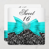 Sweet 16 Luxury Glitzer Aquamarin Bow Schwarz-weiß Einladung (Vorne/Hinten)